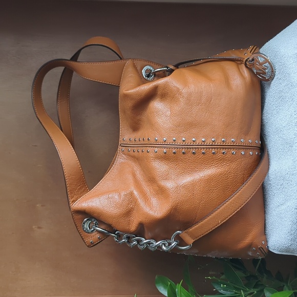 Michael Kors Uptown Astor Silver Studded Sway Shoulder Cognac Leather Bag